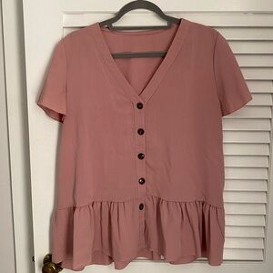Light pink, short sleeve ruffle button down blouse
